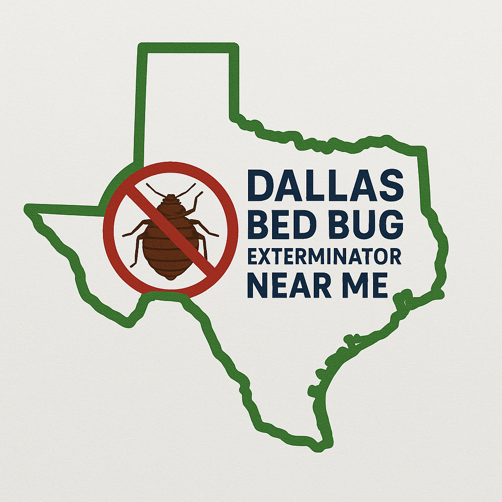 green dallas state outline with a bed bug with a slash thru it and Dallas Bed Bug Exterminator Near ME written out